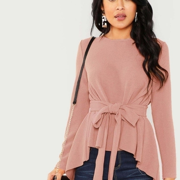 SHEIN Self Belted Dip Hem Top - Picture 2 of 15